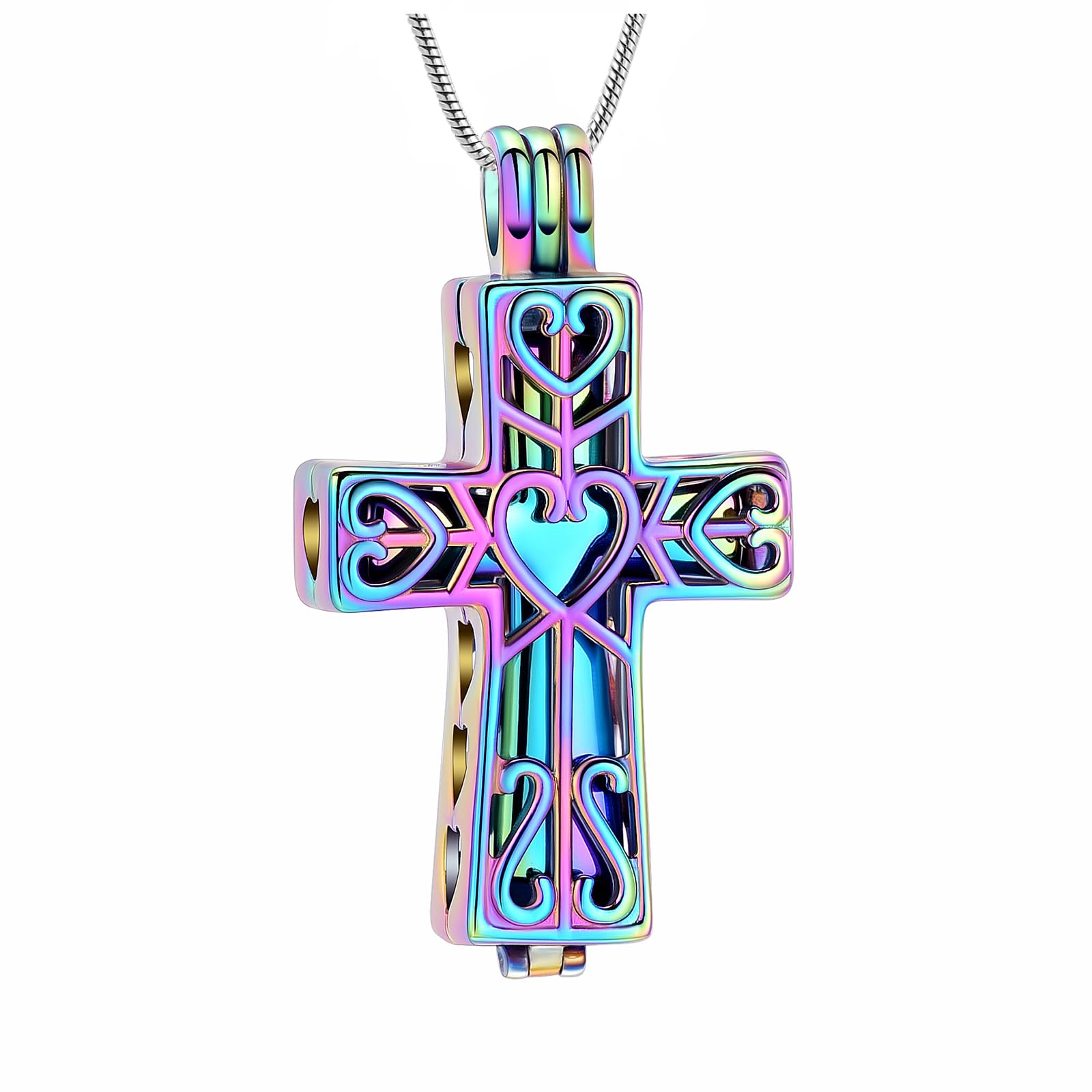 QGJNSGC Cremation Urn Memorial Pendant Necklace Heart Cross Cylindrical with Hollow Jewelry Ashes Keepsake Memorial Urn Jewelry Necklace (All-Rainbow)