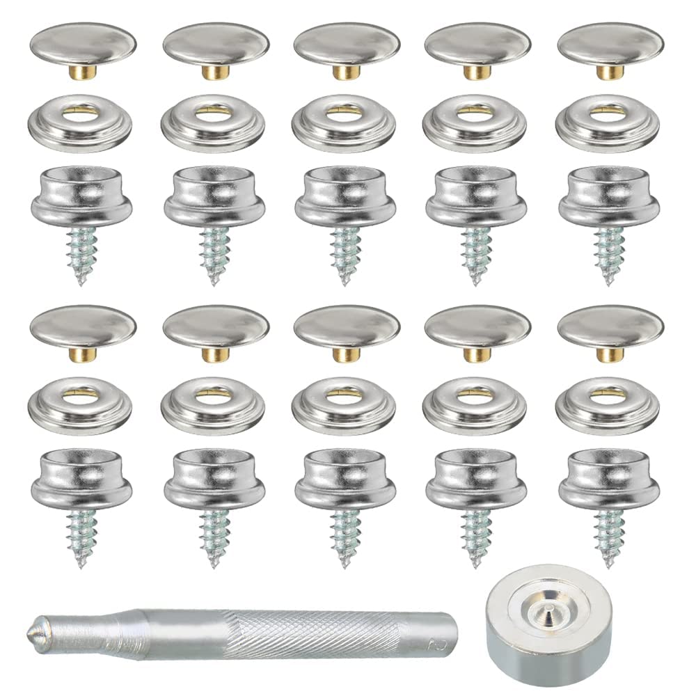 32 Pcs Screw Snap Fastener Kit Silver Canvas Snaps Kit Stainless Steel Snap Fasteners Press Stud Kit for DIY Projects Boat Cover Wood Leather Crafts - 15mm