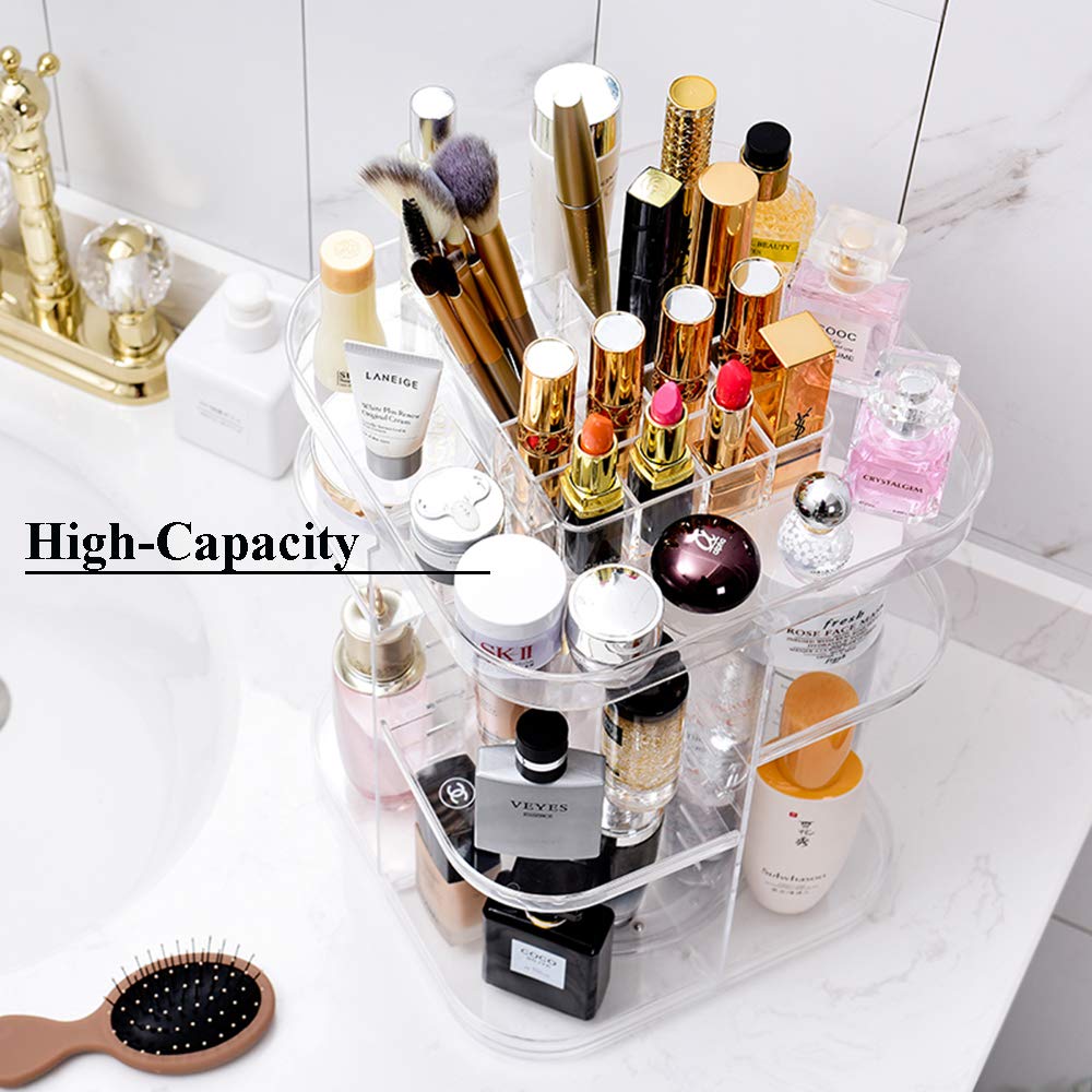 Makeup Organizer,Clear Transparent, Large Cosmetic Frame Storage Box,360 Degree Rotating Adjustable Cosmetic Storage Display Case,Fits Jewelry,Makeup Brushes, Lipsticks and More