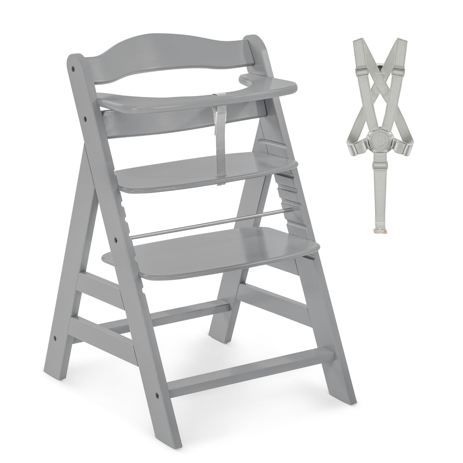 hauck Alpha+, Grey - Wooden High Chair 6 Months to Adult Sustainable FSC® Certified Beechwood Toddler Feeding and Entertainment Chair, Inclusive 5-Point Harness Bumper Bar Crotch Strap