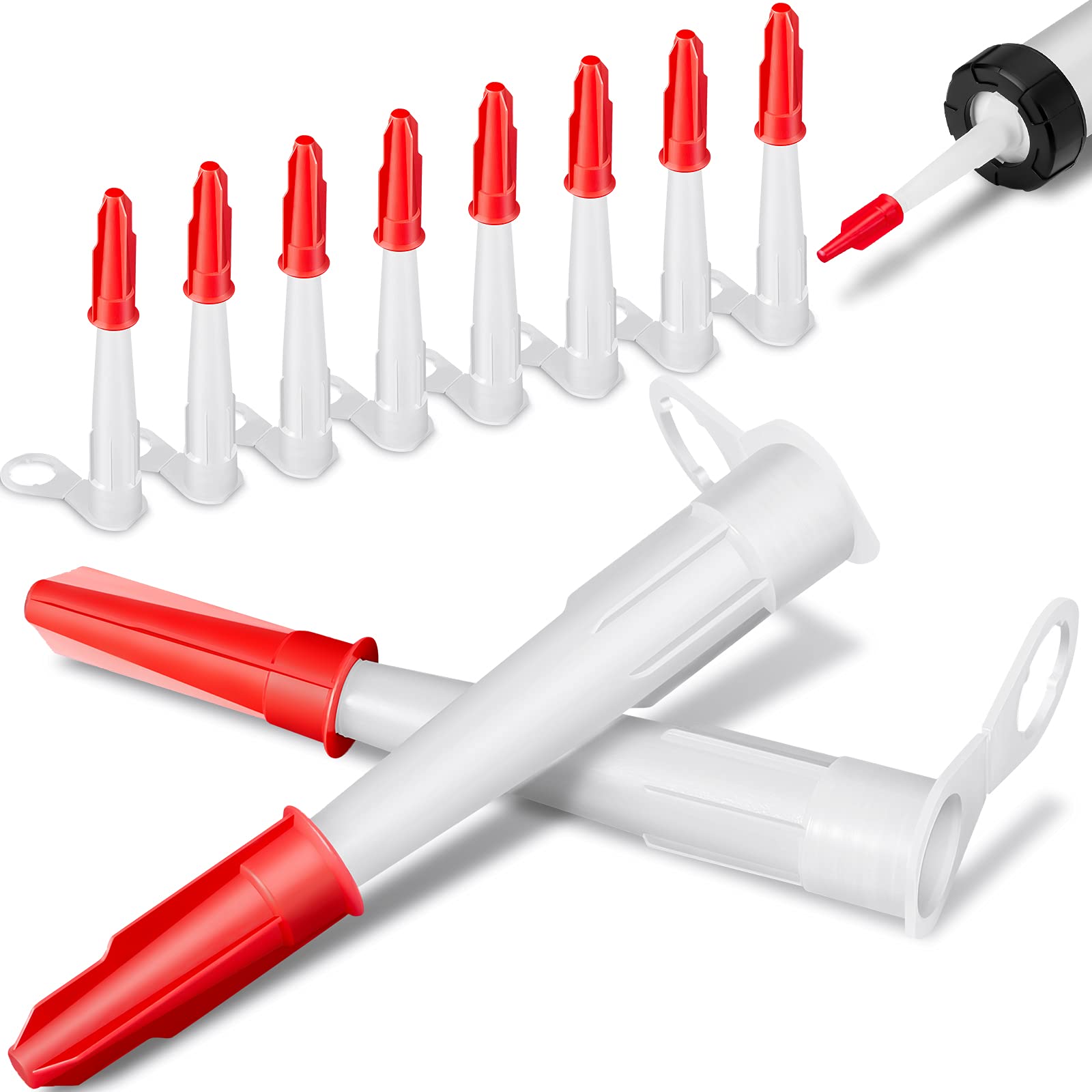 Outus 20 Pieces Silicone sealant Nozzles Caulking Tips with Screw Caps, Re-sealable Includes 10 Packs White Caulk Nozzles and 10 Packs Red Nozzle Caps for Bathroom Kitchen Finishing Sealing