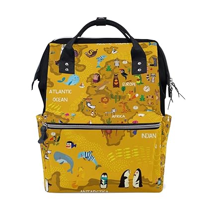 Cartoon-Weltkarte mit Tier-Windeltasche, Rucksack für Mutter, groß