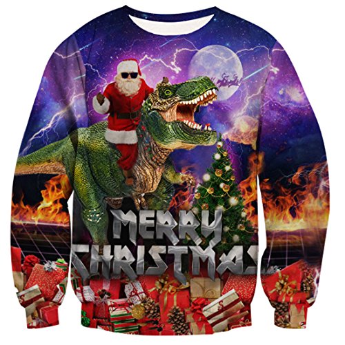 uideazone Men Women Print Santa Claus Ride Dinosaur T Shirt Funny Cool Christmas Sweatshirt, Dinosaur-4, Asia XL= US L