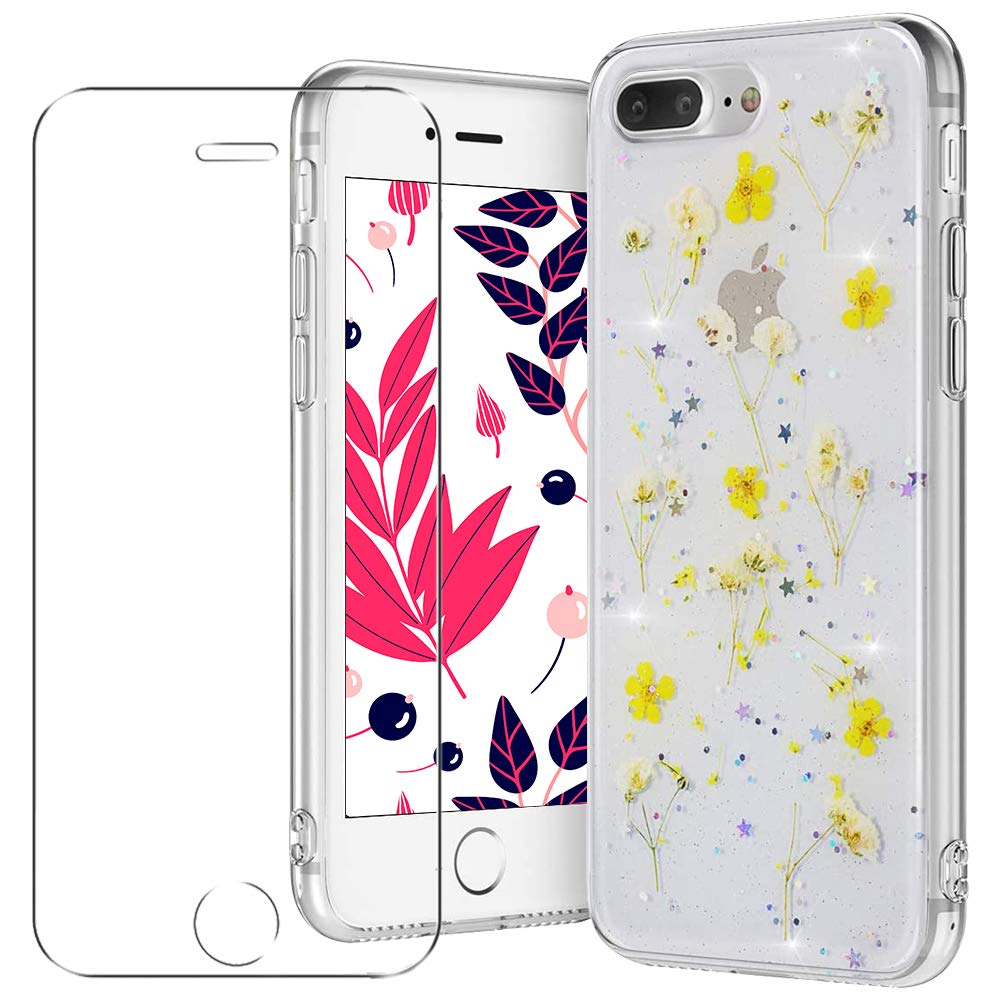 MadBee Compatible iPhone 8 Plus/iPhone 7 Plus Case 5.5 Inch [With Tempered Glass Screen Protector], Bling Shiny Dried Flowers Clear Sparkle Glitter Soft TPU Silicone Gel Case Cover - Yellow — image 1