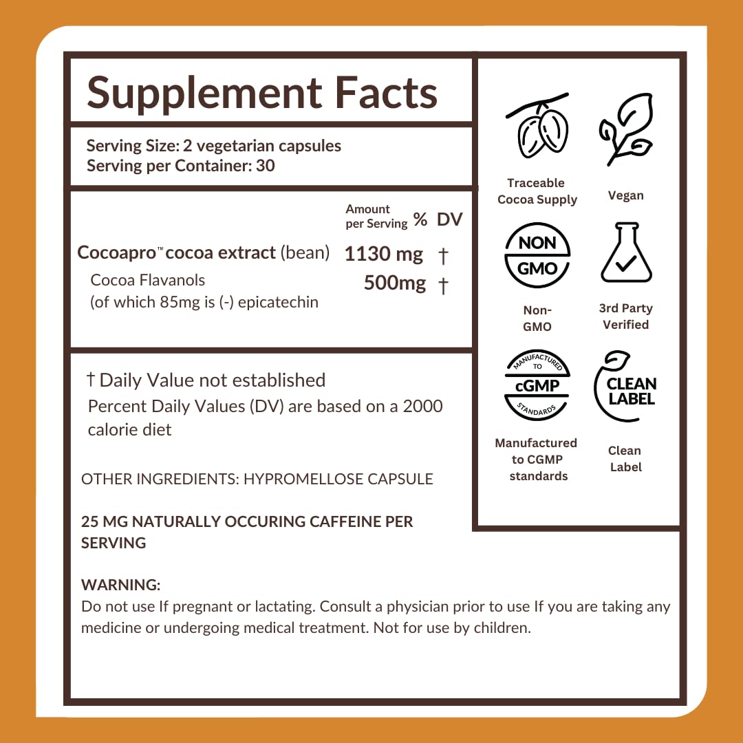 CocoaVia Cardio Health Supplement, 30 Day, 500mg Cocoa Flavanols, Support Heart Health, Boost Nitric Oxide, Blood Circulation, Energy, Vegan, Dark Chocolate, 60 Capsules