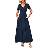 WNEEDU Women's Summer Maxi Dress Short Sleeves Wrap V Neck Long Dresses with Pockets
