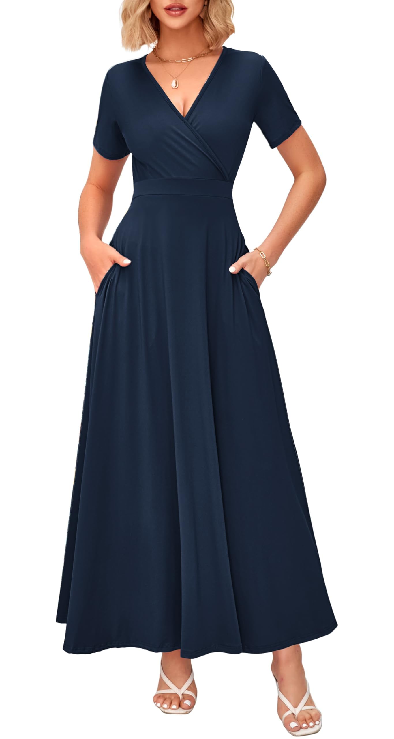 WNEEDU Women's Summer Maxi Dress Short Sleeves Wrap V Neck Long Dresses with Pockets(Navy Blue,2XL) Image