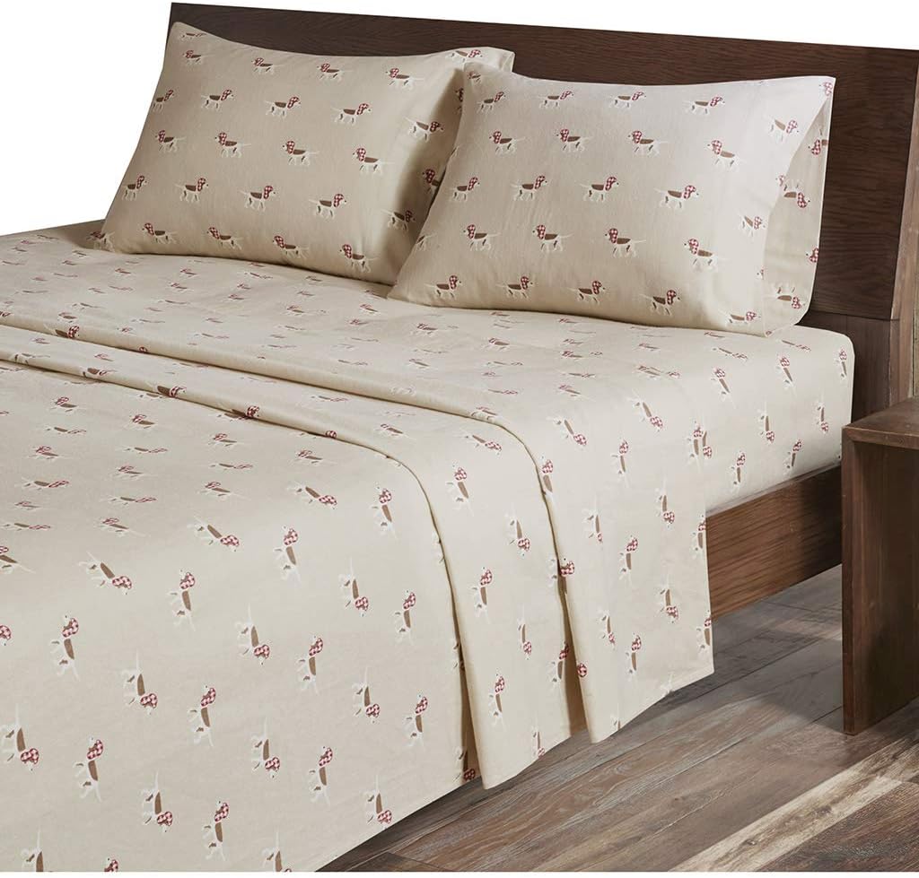 Woolrich 100% Cotton Flannel Warm Cold Weather Ultra Soft Sheet Set Bedding, Full, Tan Dog