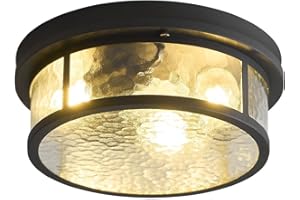 TIMSUMR Adjustable Motion Sensor Flush Mount Ceiling Lights Fixture with Water Ripples Glass Shade,Round Matte Black Metal Modern Ceiling Lamp for Entryway,Hallway,Porch,Patio and Garage,12 inch,3-Light