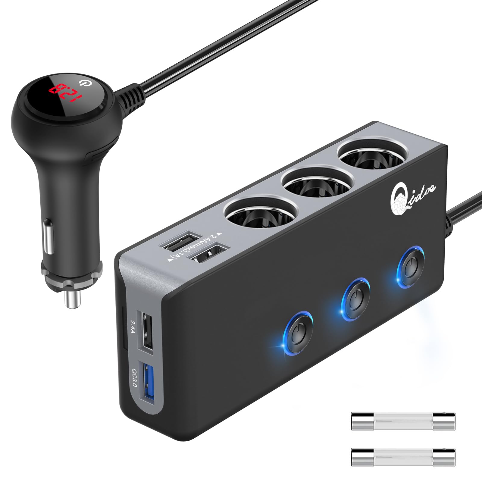 Quick Charge 3.0 Cigarette Lighter Splitter, Qidoe 12V/24V 3-Socket 120W DC Power Car Splitter with LED Voltmeter Power Switch, 8.5A 4 USB Fast Outlets for GPS, Dash Cam, Sat Nav, Phone, iPad, Tablet