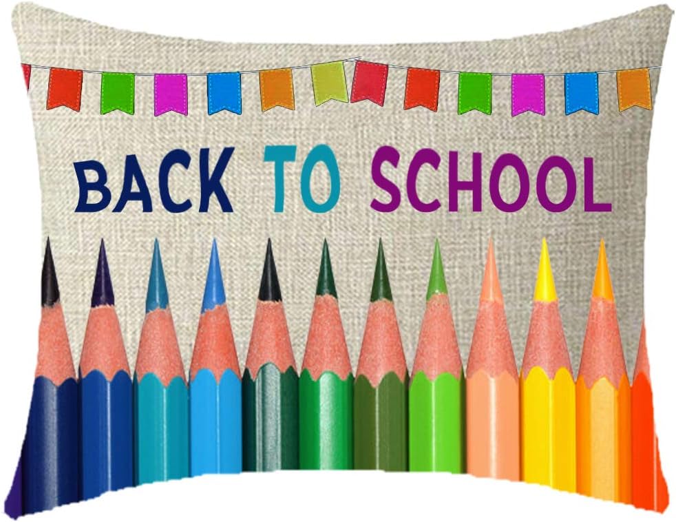 NIDITW Back to School First Day of School Colorful Pencils Granddaughters Present Cream Lumbar Waist Burlap Throw Pillow Case Cushion Cover Chair Couch Decorative Rectangle 12x20 Inches