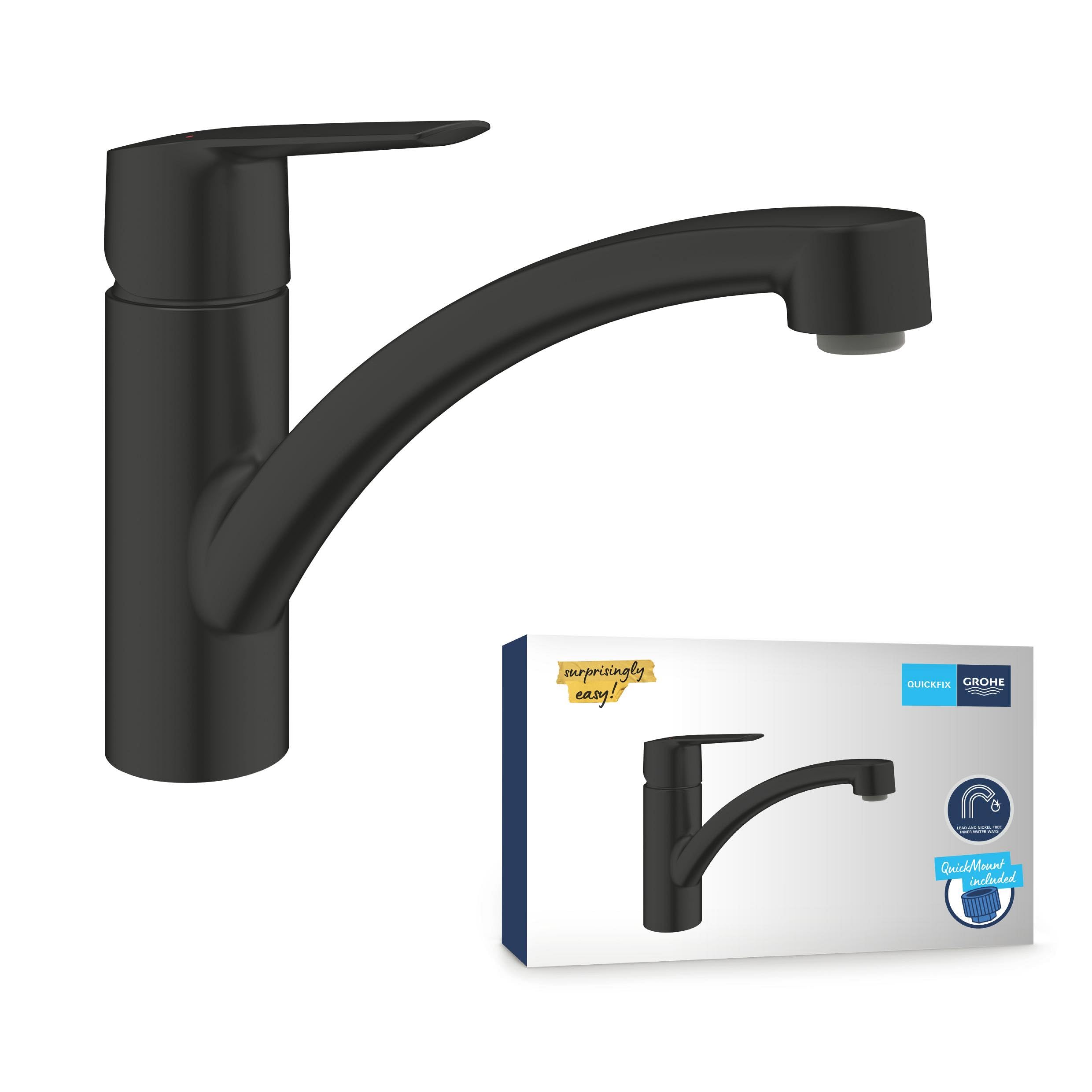 GROHE Start, Küchenarmatur mit flachem Auslauf (Wasserhahn für die Küche, 140° schwenkbar, wassersparend dank variabler Mengenbegrenzung, werkzeugfreie Spülbecken-Montage), schwarz, 305302432