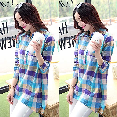 Usstore Women Girls Colorblock Plaid Casual Blouse Mandatory Full Sleeve Button Loose Daily Shirt Top Coat Cardigan (XXL, Blue)