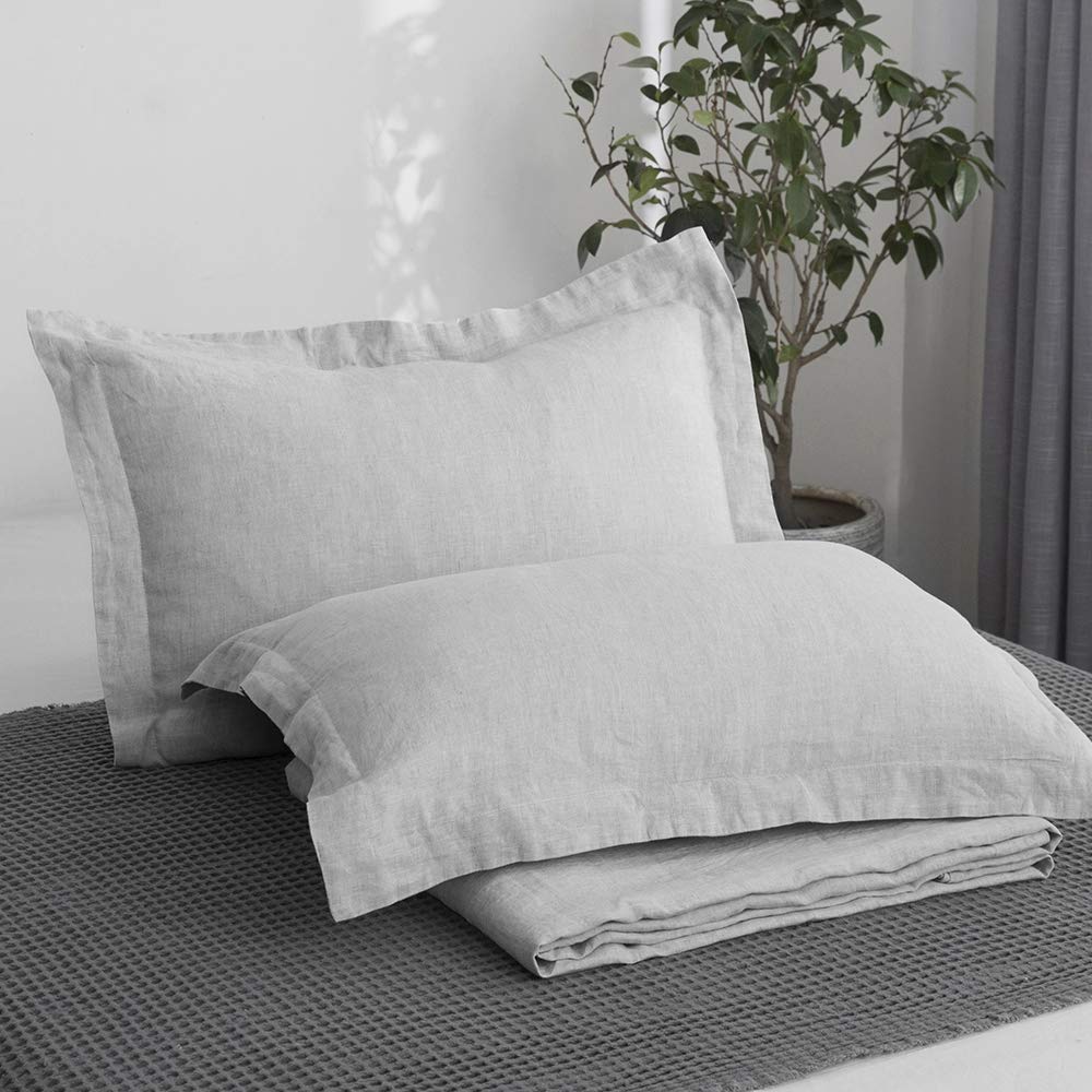 King Linens 100% French Linen Pillow Shams Basic Style - Pack of 2 - Stone Washed Solid Color Natural Flax Soft Breathable - Grey, 20'' x 36''