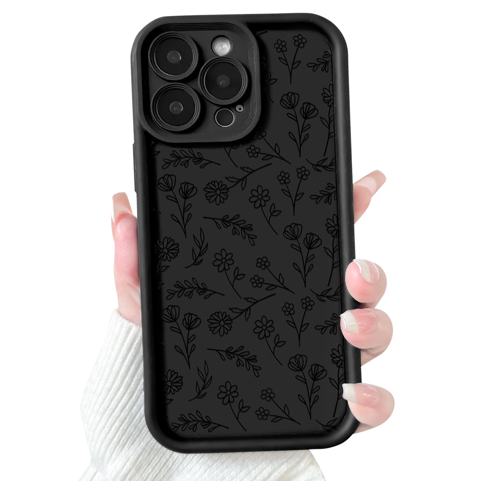 NITITOP Compatible with iPhone 13 Pro Case Cute Flowers Floral Leaves Design for Women Girls Stylish Artistic Soft TPU Shockproof Full Camera Protective Cover - Black