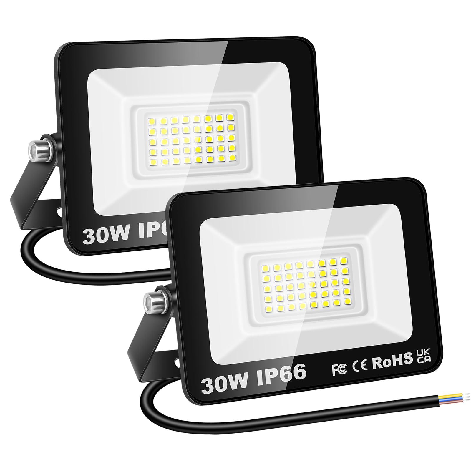 RIGIDON 2 Pcs Outdoor Flood LED Work Light, 3000 Lumens 30W Floodlight, Daylight Cold White Security Lights for Garden Yard Lawn Basketball Football Court Patio Landscape, IP66 Waterproof 6000K
