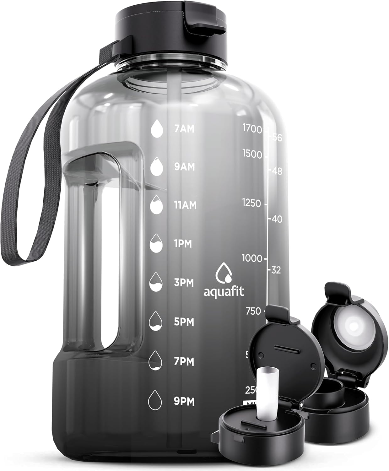 AQUAFIT 2 Litre Water Bottle with Straw - Water Bottles 2L with Time Marker - Half Gallon Big Bottle with Straw - Large Bottle For Gym - Grey Fade, 2 Lids