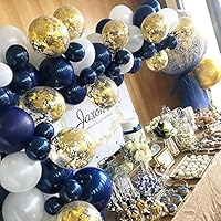 Navy Party Balloons Pack of 50-Metallic Navy/Pearl White Latex Balloons with Gold Confetti Balloons Metallic Sea Blue Latex Balloons for Boys Birthday Party Baby Shower Navy Party Decoration