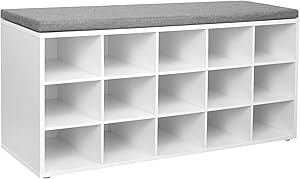 VASAGLE Shoe Bench with Cushion, 15-Cube Storage Bench, Holds up to 440 lb, White ULHS15WT