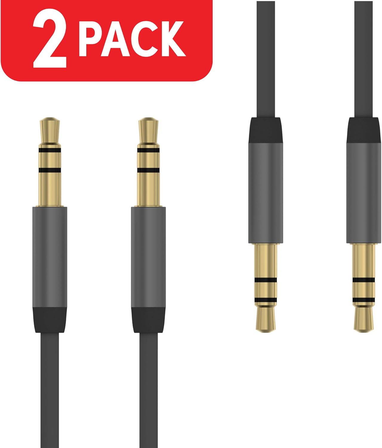 Aux Cable 3.5mm Audio Cord for Car (2 Pack) by TalkWorks | 6ft Heavy Duty Metallic Male to Male Jack Auxiliary Cord Extension Adapter for iPhone, Android, Headphones, Stereo - Slate