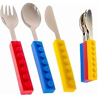 Toddler Utensils and Brick Toys - Set of 3 Interlocking Block Kids Silverware - Toddler Fork and Spoon Set with Toddler Knife