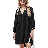 CUPSHE Women Shirt Mini Summer Dress Cover Ups 3/4 Sleeve Cuff Tie Button Down Holiday Sundress Beach Cover Up Dress