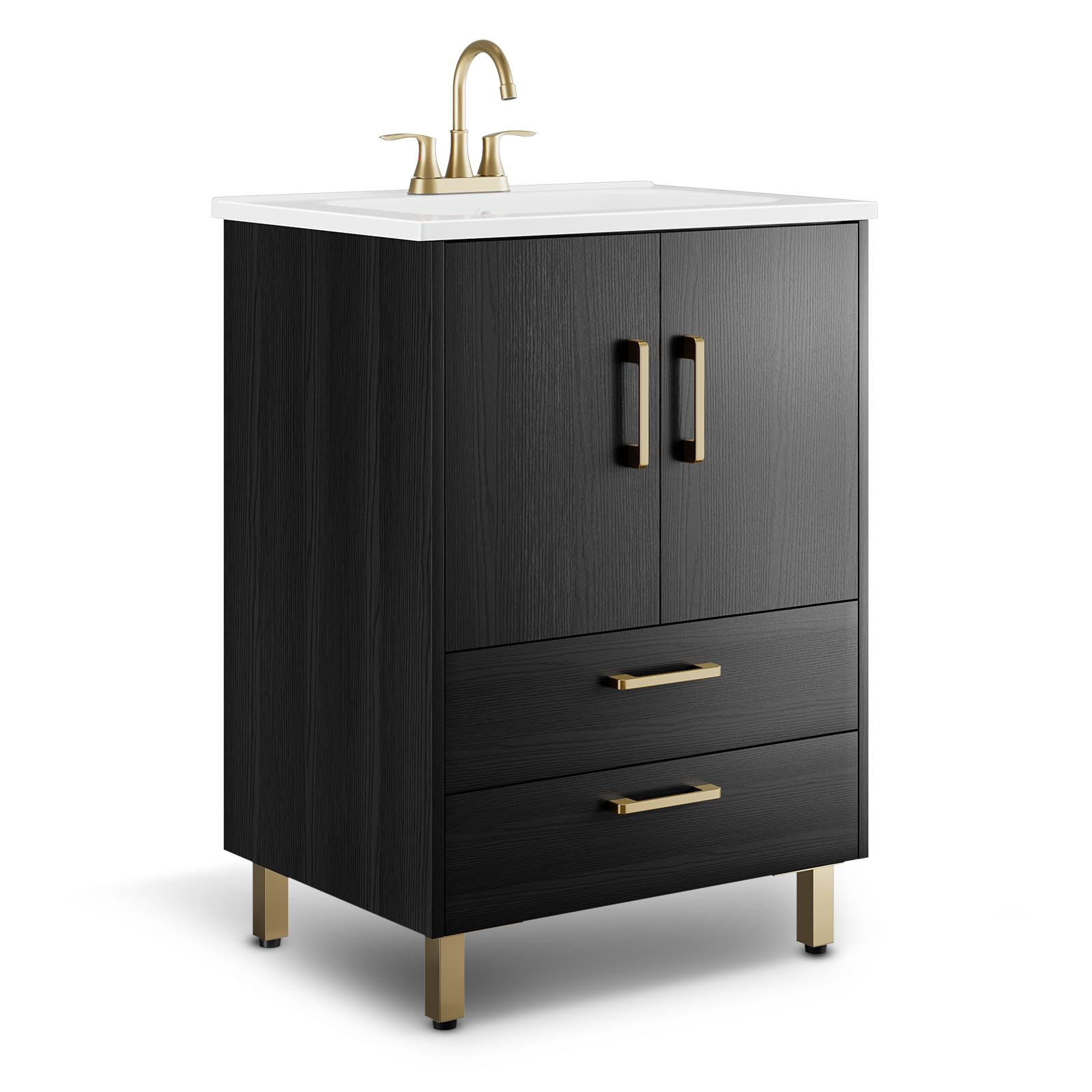 Photo 1 of ***PARTS SALE /BROKEN SINK / FUNTIONAL FURNITURE/ NO RETURNS / NO REFUNDS*** Phiestina Fully Pre-Assembled Black 24 inch Bathroom Vanity with Sink, 2 Soft Close Doors and 2 Drawers Bathroom Storage Cabinet Set, with 3 Holes Single Ceramic Sink Combo, Fauc