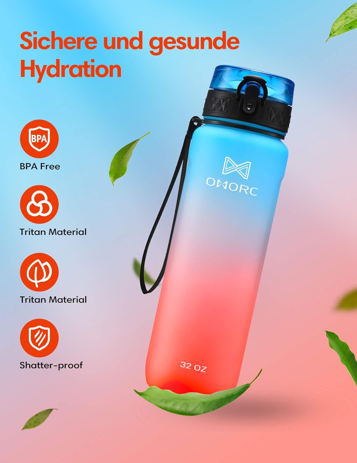 OMORC Sports Water Bottle with time marker-32oz, Fruit Infuser BPA Free Tritan Plastic Drinking Bottle with Locking Flip Lid, One-Handed Open Fitness Workout Water Bottle with Filter Blue-red: Kitchen & Dining