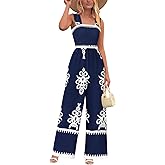 PRETTYGARDEN Womens Jumpsuit Casual One Piece Boho Summer Outfits Shirred Strap Wide Leg Long Pants Rompers With Pockets