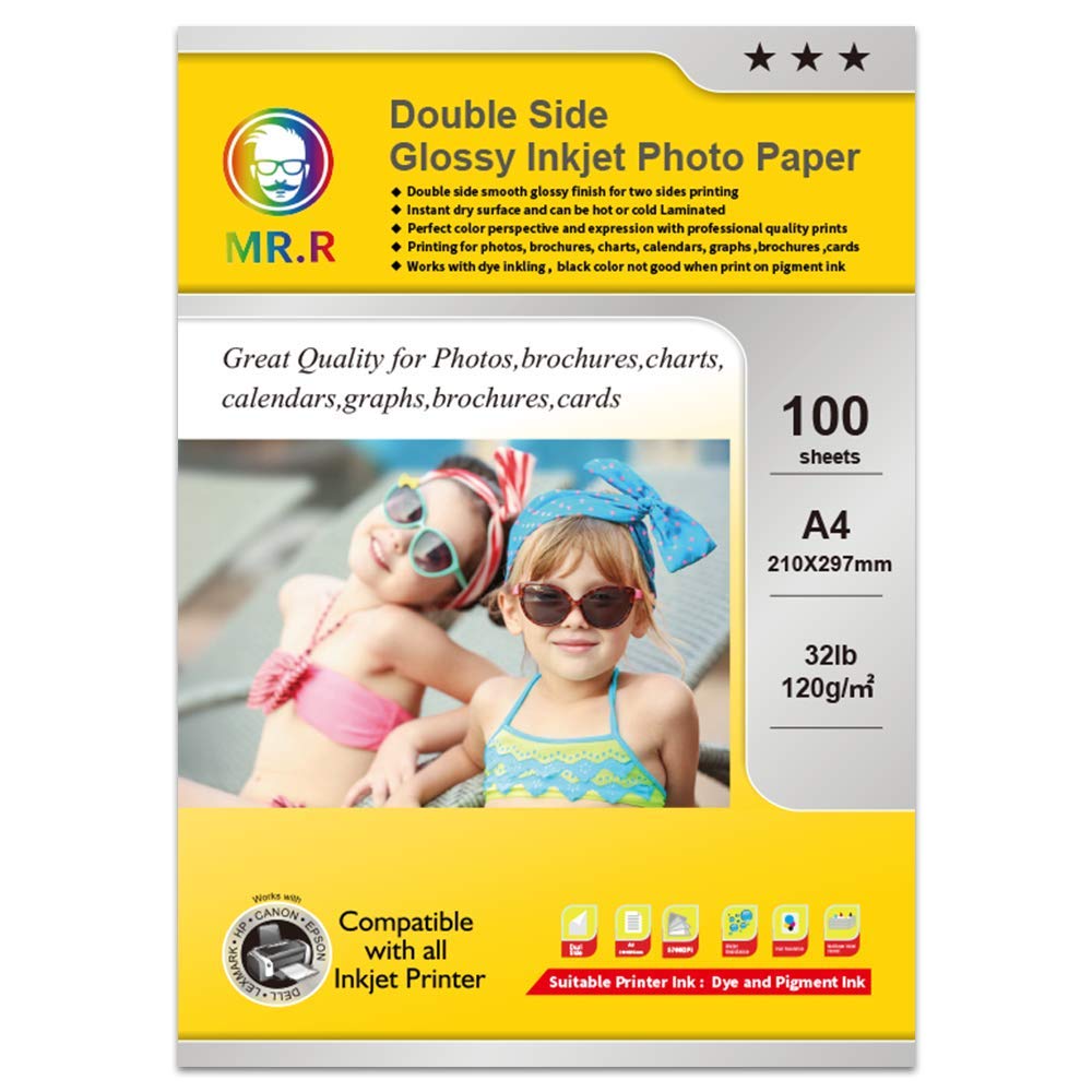 MR.R Double Sided Glossy Inkjet Photo Paper 120gsm A4 210 x 297mm Pack of 100 Sheets for Inkjet Printers