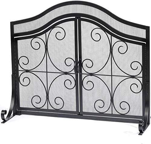 Fireplace Screen with Doors Flat Guard Fire Screens Outdoor Large Metal Decorative Mesh Solid Baby Safety Proof Fench Wood Burning Stove Accessories Wrought Iron Fire Place Panels Cover Black 33"x43"
