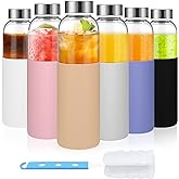 Luxfuel 18 oz Glass Juice Bottles with Lids and Silicone Sleeve, 6 Pack Reusable Clear Glass Water Bottles with Stainless Steel Cap for Juicing, Refrigerator,100% Leak Proof, BPA Free Drinking Bottle