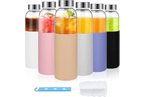 Luxfuel 18 oz Clear Glass Bottles with Lids and Silicone Sleeve, Reusable Refillable Water Bottles for Juicing, Refrigerator,100% Leak Proof, BPA Free, Glass Juice Bottles Set of 6