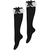 Women's Soft Knee High Cotton Socks with Lace Ruffle Bows - Tube Stockings for Lolita (Black)