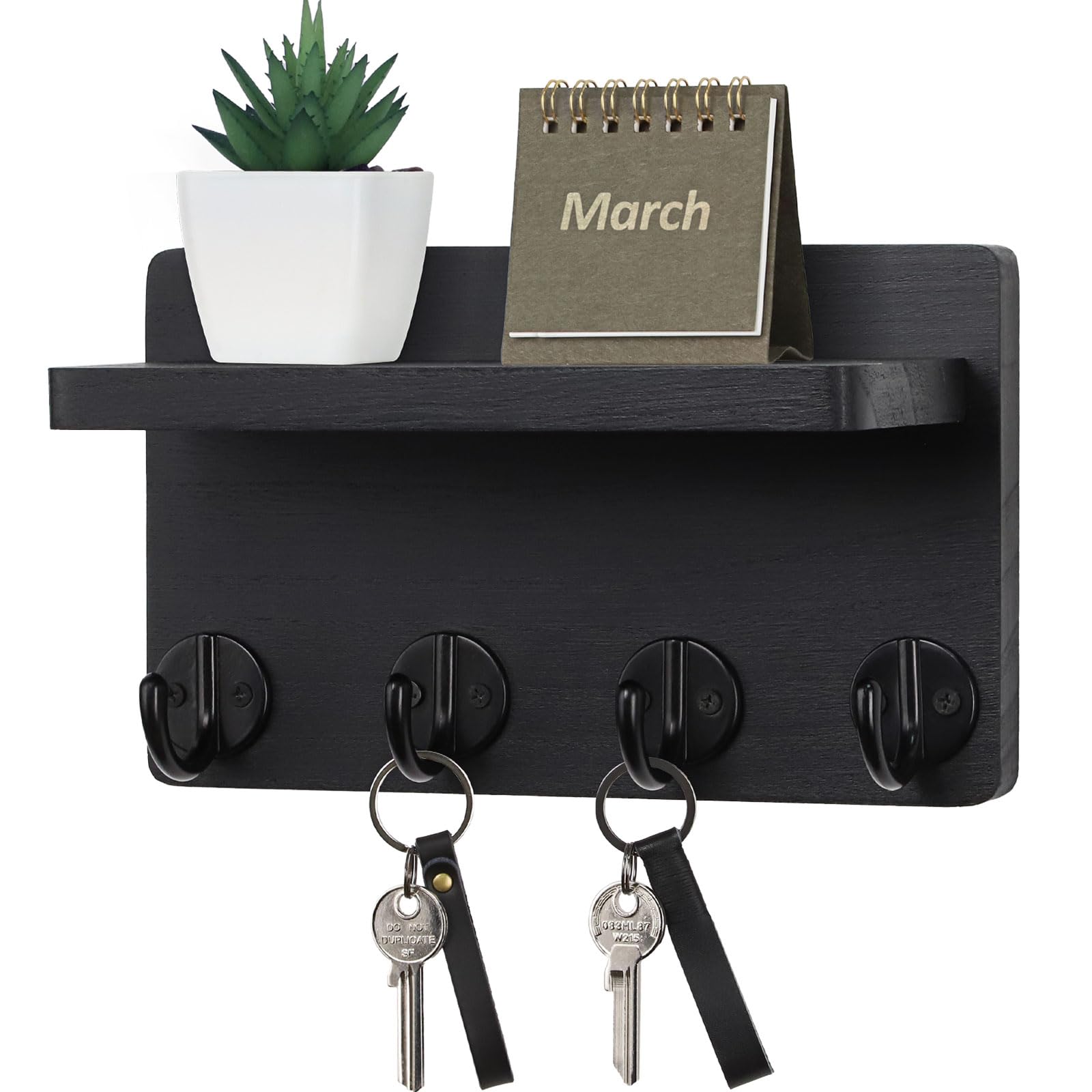 Nekon Key Holder Wall Mount, 8.5 Inch Small Home Decor Wooden Wall Organizer with 4 Hooks and Shelf, Wall Decor for Living Room Entryway Kitchen (Black)