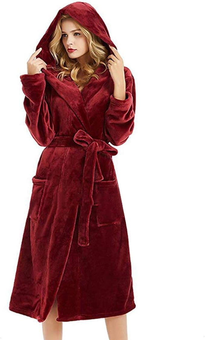 Bathrobe Winter Women Robe Fleece Solid Long Sleeve Hooded Pocket Loose