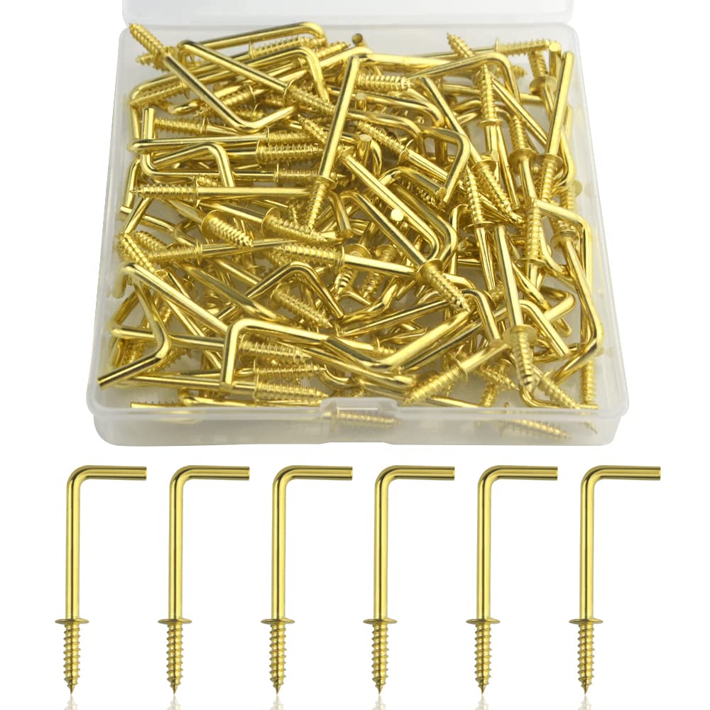 TOVOT 100PCS 1-1/4" L Shape Hooks Copper Plated Screw-in Right-Angle Hook Self-Tapping Hooks for Items Hanging Photo Frame(30 * 16mm)