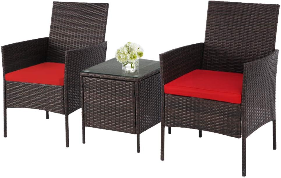 Amazon Com Solaura 3 Piece Outdoor Bistro Sets Patio Furniture Set Brown Wicker Conversation Chairs With Glass Top Coffee Table For Garden Front Porch Lawns Deck Poolside Red Garden Outdoor