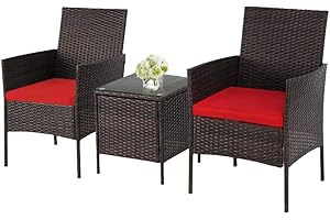 SOLAURA 3-Piece Outdoor Patio Bistro Sets Patio Furniture Set Brown Wicker Conversation Chairs with Glass-top Coffee Table (Red)
