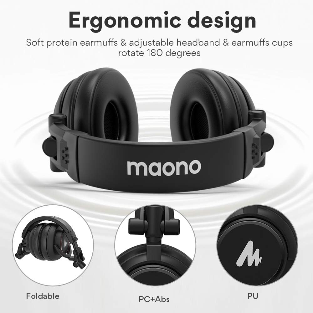 50MM Drivers Studio Headphones MAONO AU-MH601 Over Ear Stereo Monitor Closed Back Headphones for Music, DJ, Podcast (Black): Home Audio & Theater