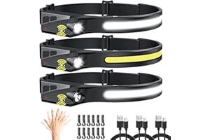 UUYEE Headlamp Rechargeable 3Pack, LED Headlamp Flashlight with Motion Sensor, 230° COB Wide Beam Head Lamp, 5Mode Head Lights for Forehead Waterproof, Bright Headlamps for Adults Running Camping