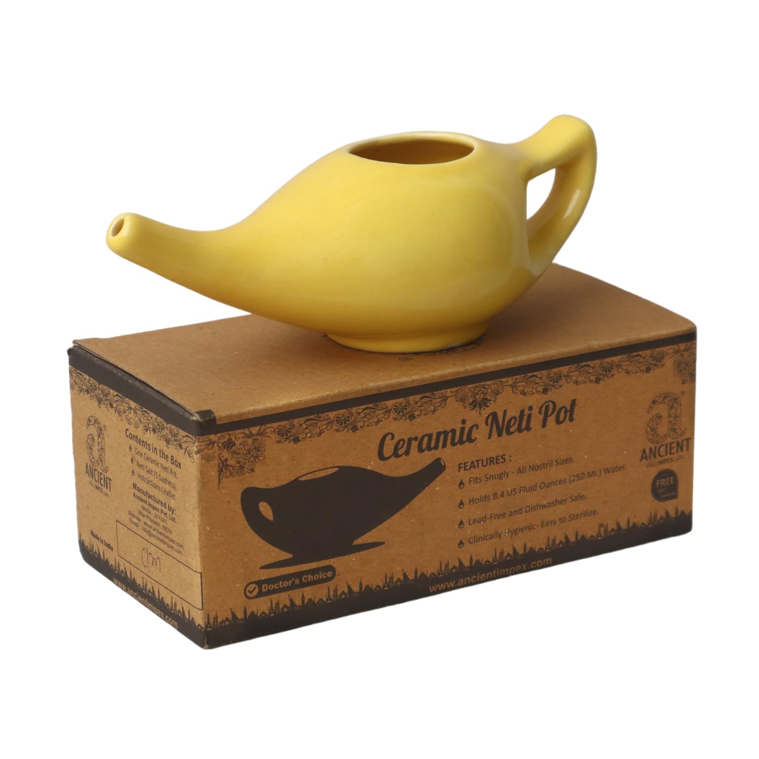 Ancient Impex Ceramic Neti Pot with 5 Sachets Neti Salt, a Natural Remedy for Sinus Relief - 250 Ml Capacity (Yellow)
