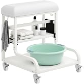 Adjustable Pedicure Foot Rest with PU Cushion, Mobile Cart &amp; Storage | 3-Level Height Adjustment, Waterproof PU Cushion, Locking Wheels, Storage Bag &amp; Hooks, Steel Frame