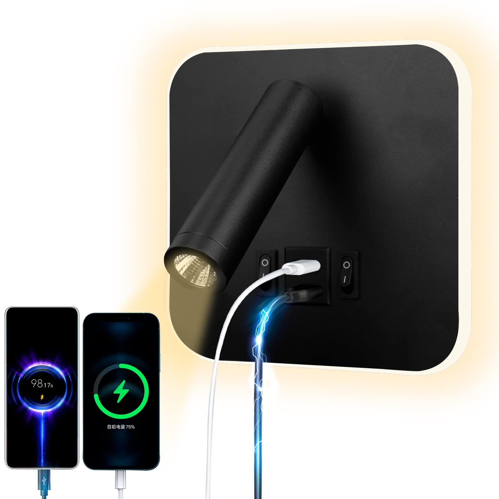 uksunvi LED Reading Lamp Wall Lamp USB Type - C Dual Adjustable Charging Mouth Switch 12W Spotlight LED 3000k Wall Lamp Aluminum Bed Swivel Light (Black Square)