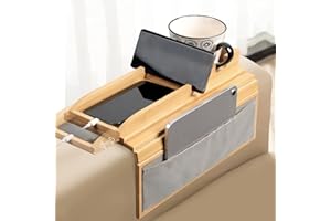 GIIFER Couch armrest Table,5 in 1 Detachable Couch Cup Holder Tray with Side Storage Pocket, Bamboo Couch Table Double-Layer Large Space for Drinks, Eating, Cup, Remote,Food Trays for Eating on Couch