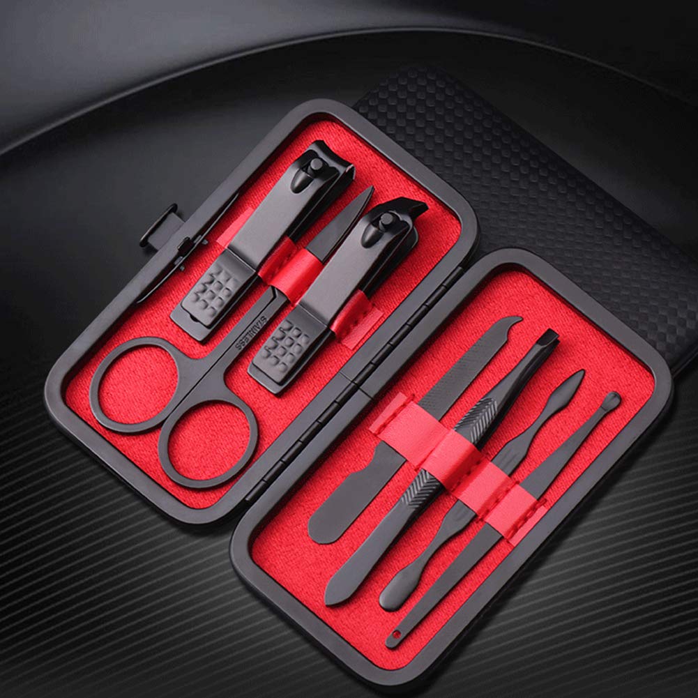 Aubcee Nail Clipper Set, Manicure, Pedicure Kit, 7 in 1 Black Stainless Steel Professional Grooming Kit with Black Leather Travel Case: Home & Kitchen