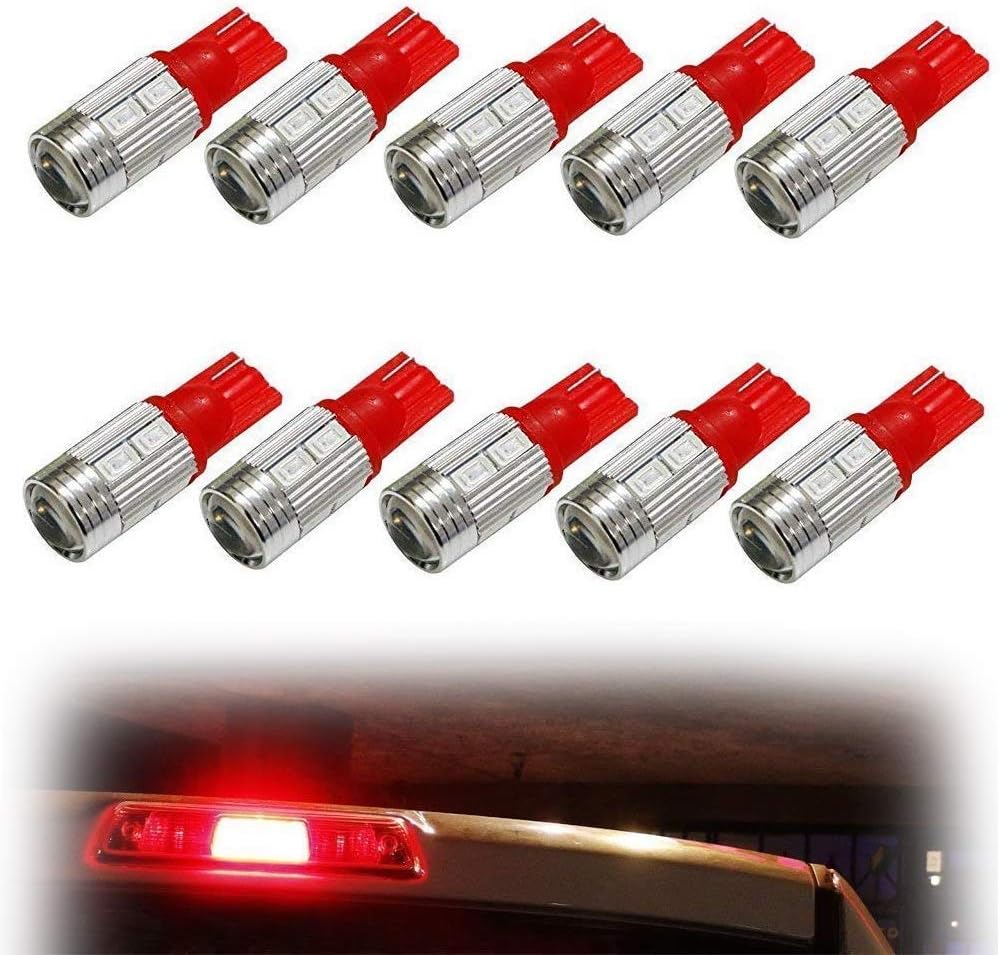iJDMTOY (10) Brilliant Red 10-SMD 921 912 920 168 T10 LED Replacement Bulbs Compatible With Truck Exterior 3rd Brake Lamp Cargo Lights