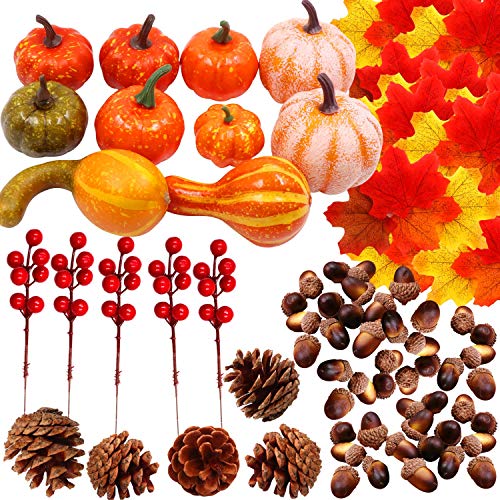 HiGift Artificial Autumn Gourds, 10 Mini Pumpkins, 5 Berries, 50 Leaves, 30 Acorns and 5 Pine Cones Fall Decorating Kit Thanksgiving Halloween Party Decor Wedding Fall Centerpieces DIY Craft Wreath - Thumbnail 6