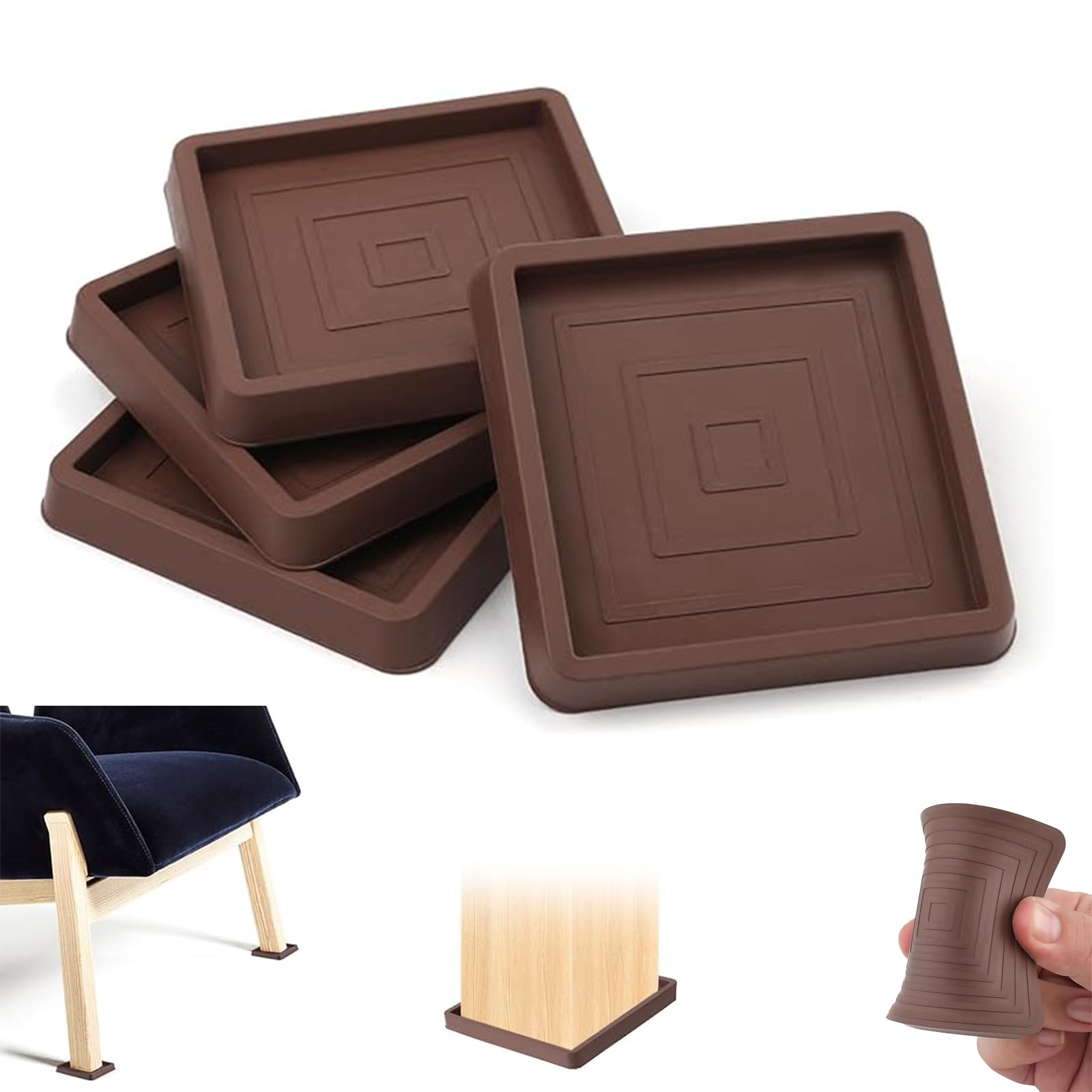 2.5x2.5" Furniture Gripper Pads, 8PCS Square Caster Furniture Coasters Anti Slide Furnitures Feet Floor Protectors for Bed Couch Stoppers Brown