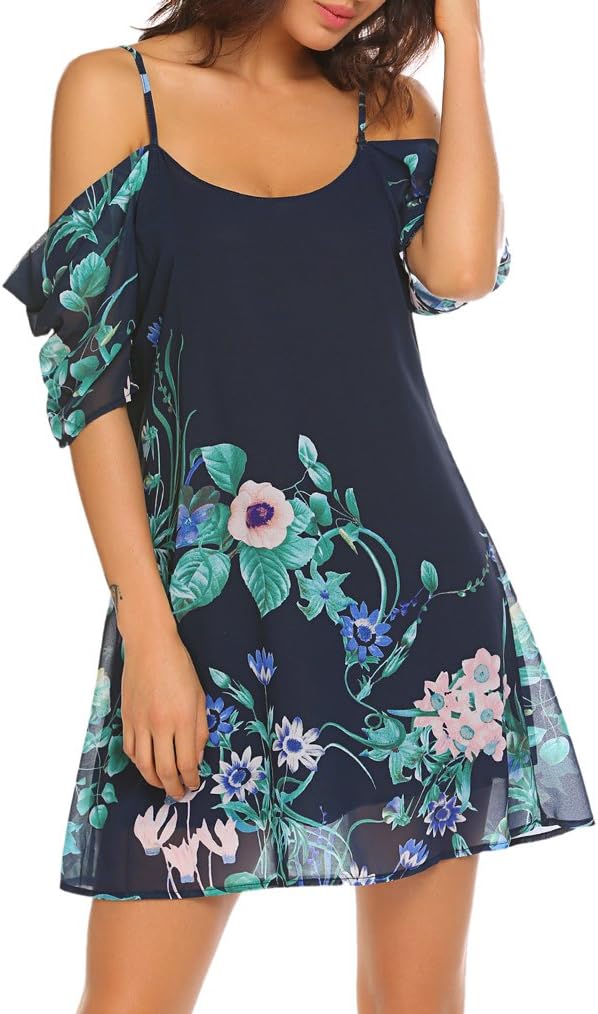 Naggoo Women's Summer Chiffon Floral Printed Cold Shoulder Loose Short Dress